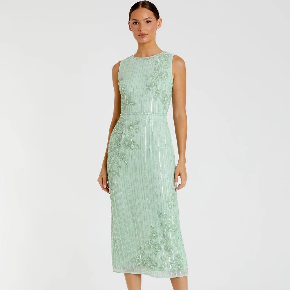 NWT Mac Duggal  Green Striped Floral Embellished Sleeveless Midi Dress - Size 8